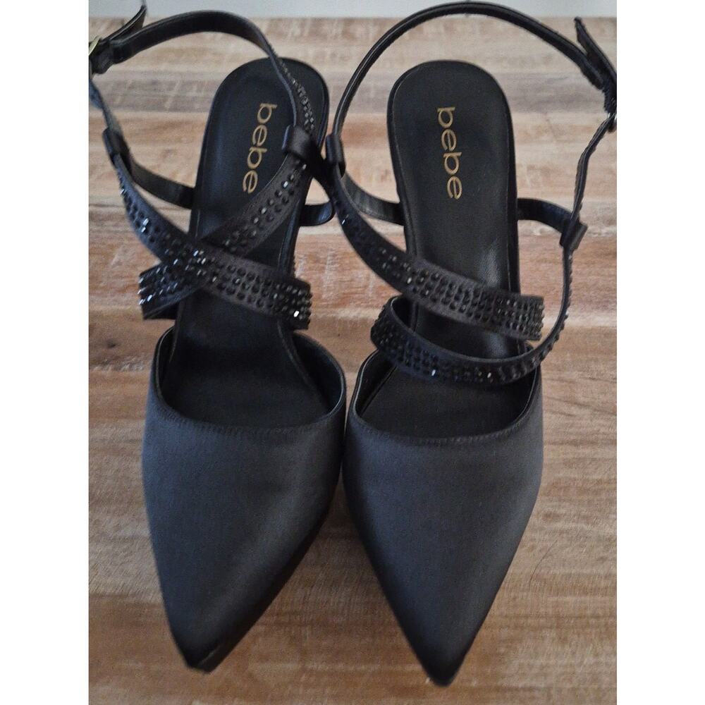 bebe Black Rhinestone Leola Pointy Toe Slingback Pumps Heels Size 8 Like New